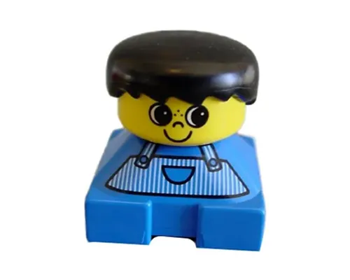 Duplo 2 x 2 x 2 Figure Brick, Blue Base, Striped Overalls, Black Hair, Large Eyes, Freckles on Nose Image