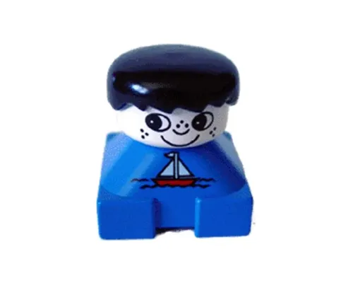 Duplo 2 x 2 x 2 Figure Brick, Blue Base with Sailboat Pattern, White Head with Freckles, Black Male Hair Image