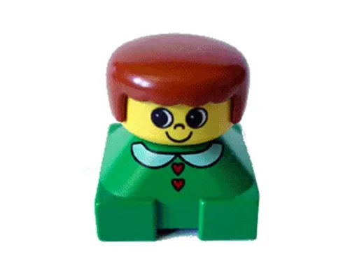 Duplo 2 x 2 x 2 Figure Brick, Green Base with White Collar and Red Heart Buttons, Yellow Head, Dark Orange Female Hair Image