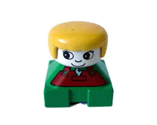 Duplo 2 x 2 x 2 Figure Brick, Green Base with Rust Overalls and Wrench Pattern, White Head with Eyelashes, Yellow Female Hair Image