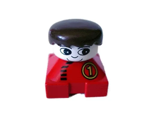 Duplo 2 x 2 x 2 Figure Brick, Red Base with Number 1 Race Pattern, White Head, Black Male Hair Image