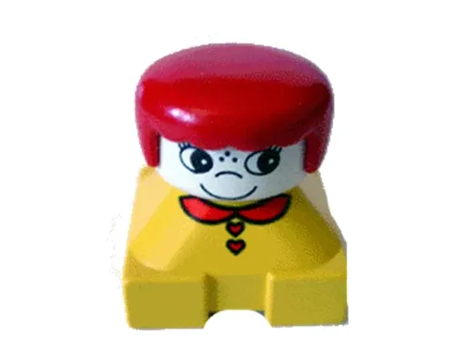 Duplo 2 x 2 x 2 Figure Brick, Yellow Base with Red Collar and Red Heart Buttons, White Head with Eyelashes, Red Female Hair Image