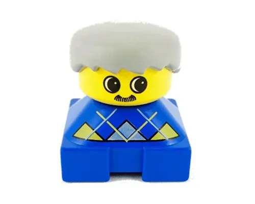 Duplo 2 x 2 x 2 Figure Brick, Blue Base with Yellow Argyle Sweater Pattern, Yellow Head with Moustache, Light Gray Male Hair Image