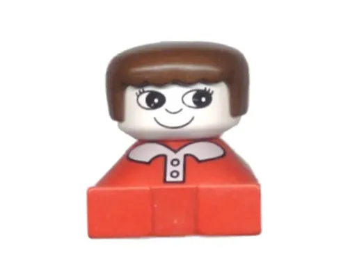 Duplo 2 x 2 x 2 Figure Brick, Red Base with White Collar and Pink Buttons, White Head with Eyelashes, Brown Female Hair Image