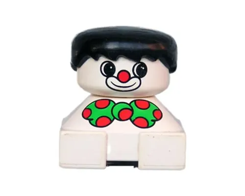 Duplo 2 x 2 x 2 Figure Brick, Clown, White Base, Green Bow with Red Dots, Black Hair, White Face with Red Nose Image