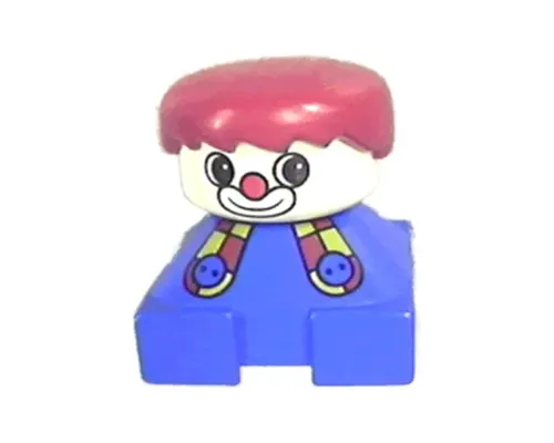 Duplo 2 x 2 x 2 Figure Brick, Clown, Blue Base with Button Suspenders, White Head, Red Male Hair Image