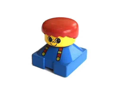 Duplo 2 x 2 x 2 Figure Brick, Blue Base with suspenders, yellow head with smile and freckles above nose, red male hair Image