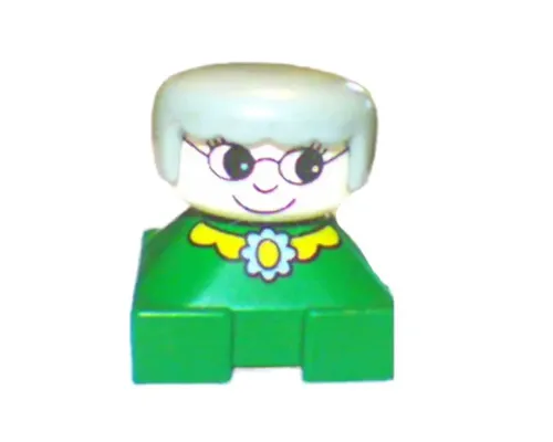 Duplo 2 x 2 x 2 Figure Brick, Grandmother, Green Base, Gray Hair, White Head, Yellow Collar with Flower Image