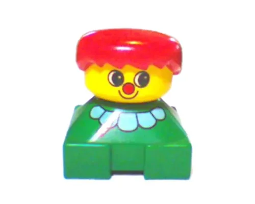 Duplo 2 x 2 x 2 Figure Brick, Clown, Green Base with White Collar, Yellow Head with Red Nose, Red Hair Image