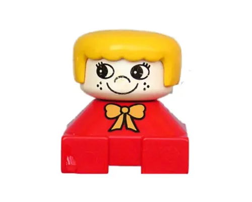 Duplo 2 x 2 x 2 Figure Brick, Red Base with Yellow Bow, White Head with Eyelashes and Freckles, Yellow Hair Image