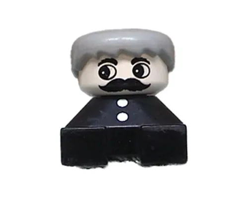 Duplo 2 x 2 x 2 Figure Brick, Black Base with Two Buttons, Gray Hair, White Face with Moustache Image