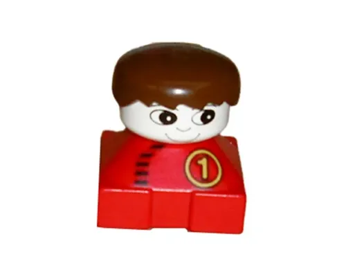 Duplo 2 x 2 x 2 Figure Brick, Red Base with Number 1 Race Pattern, White Head, Brown Male Hair Image