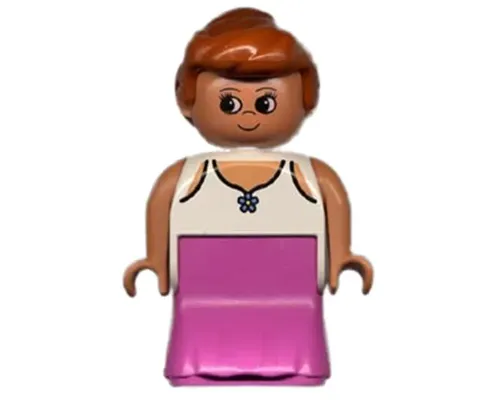 Duplo Figure, Female Lady, Dark Pink Dress, Lace Lined Tank Top with Blue Flower Image