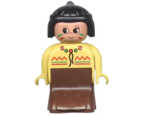 Duplo Figure, Female Lady, Brown Dress, Yellow Top, Black Hair (Native American) Image