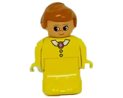 Duplo Figure, Female Lady, Yellow Dress, Yellow Top, White Collar and Dark Pink Brooch Image