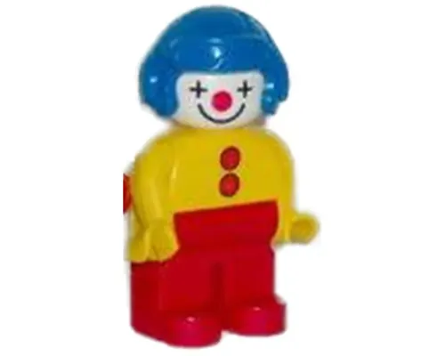 Duplo Figure, Male Clown, Red Legs, Yellow Top with 2 Buttons, Yellow Arms, Blue Aviator Helmet Image