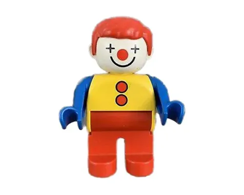 Duplo Figure, Male Clown, Red Legs, Yellow Top with 2 Buttons, Blue Arms, Red Hair Straight Image