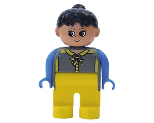 Duplo Figure, Female, Yellow Legs, Dark Gray Top with Yellow Zipper and Blue Arms, Black Ponytail Image