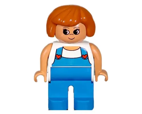 Duplo Figure, Female, Blue Legs, White Top with Blue Overalls with Red Hearts Image