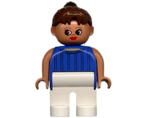 Duplo Figure, Female, White Legs, Blue Striped Top, Nougat Arms, Ponytail Image