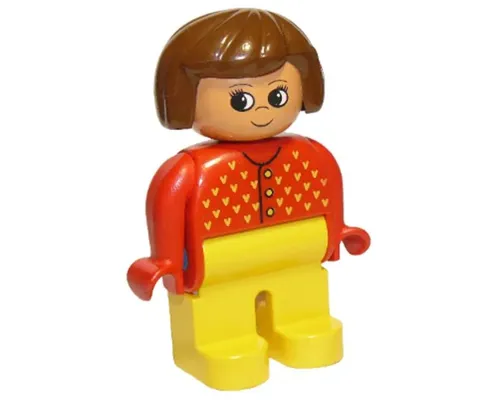 Duplo Figure, Female, Yellow Legs, Red Sweater with Yellow V Stitching, Brown Hair, Turned Up Nose Image