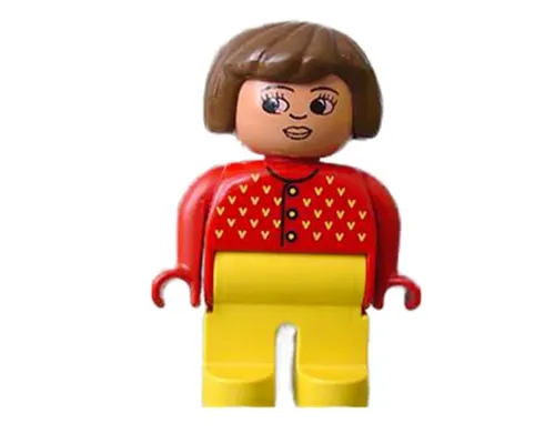 Duplo Figure, Female, Yellow Legs, Red Sweater with Yellow V Stitching, Brown Hair, Turned Down Nose Image