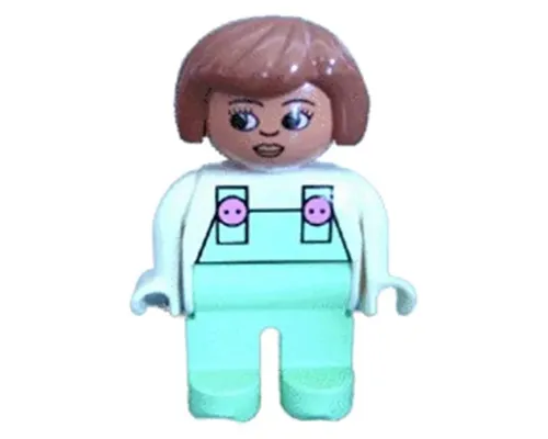 Duplo Figure, Female, Light Green Legs, White Top with Light Green Overalls with Pink Buttons, Fabuland Brown Hair Image