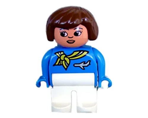 Duplo Figure, Female, White Legs, Blue Top with Scarf and Jet Airplane, Brown Hair, Turned Down Nose (Flight Attendant) Image