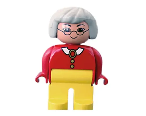 Duplo Figure, Female, Yellow Legs, Red Blouse with White Collar, Light Gray Hair, Glasses, Grin Image