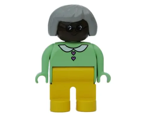 Duplo Figure, Female, Yellow Legs, Light Green Top with Heart Buttons, Gray Hair, Brown Head Image