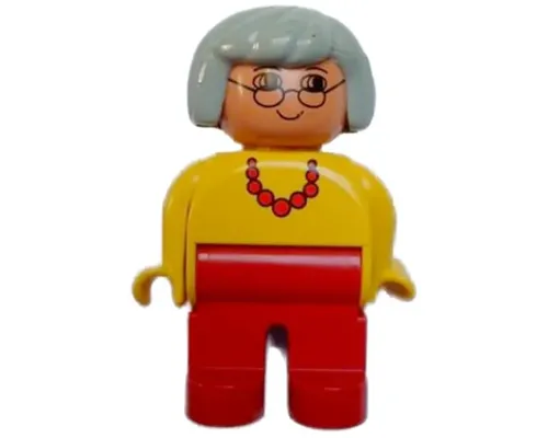 Duplo Figure, Female, Red Legs, Yellow Top with Red Necklace, Light Gray Hair, Glasses, White in Eyes Image