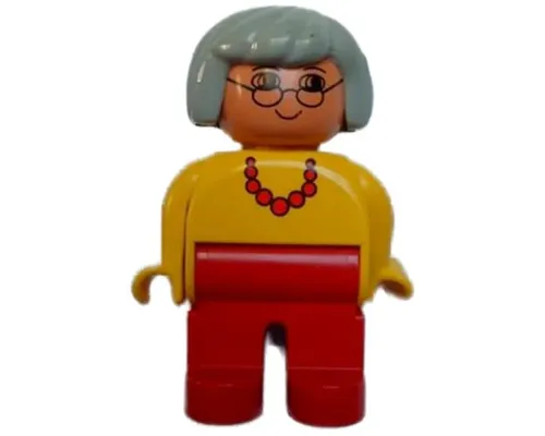 Duplo Figure, Female, Red Legs, Yellow Top with Red Necklace, Light Gray Hair, Glasses Image