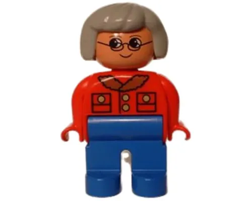 Duplo Figure, Female, Blue Legs, Red Jacket, Light Gray Hair, Glasses Image