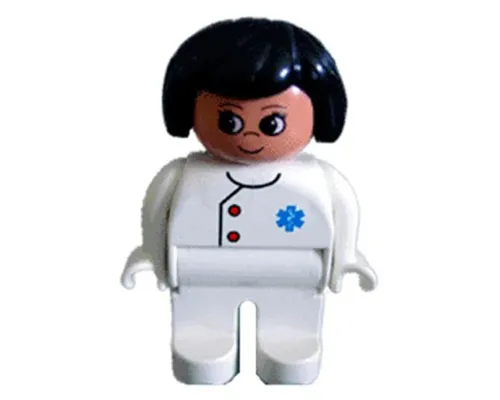 Duplo Figure, Female Medic, White Legs, White Top with EMT Star of Life Pattern, Black Hair Image