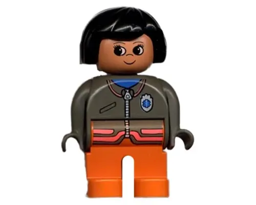 Duplo Figure, Female Medic, Orange Legs, Zippered Jacket with EMT Star of Life Pattern Image