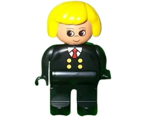 Duplo Figure, Female, Black Legs, Red Tie and Black Suit, Yellow Hair Image