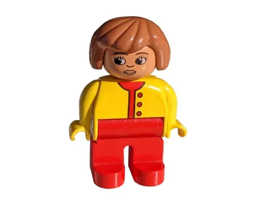 Duplo Figure, Female, Red Legs, Yellow Top Unbuttoned with Red Buttons, Fabuland Brown Hair Image