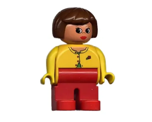 Duplo Figure, Female, Red Legs, Yellow Blouse with Red Buttons, Brown Hair Image