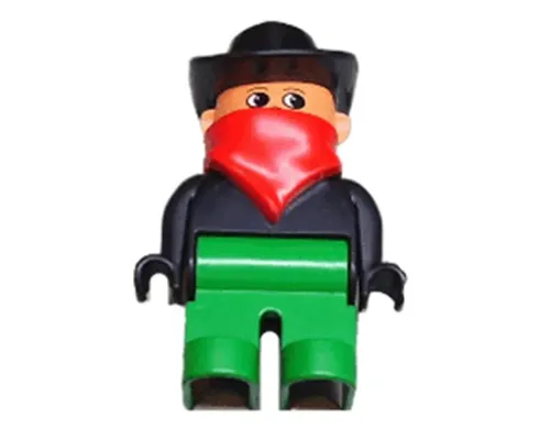 Duplo Figure, Male, Green Legs, Black Top, Red Scarf, Cowboy Hat (Western Bad Guy) Image