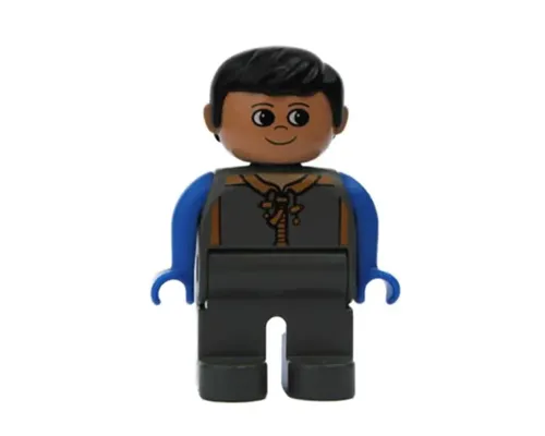 Duplo Figure, Male, Dark Gray Legs, Dark Gray Zippered Coat, Blue Arms, Black Hair Image