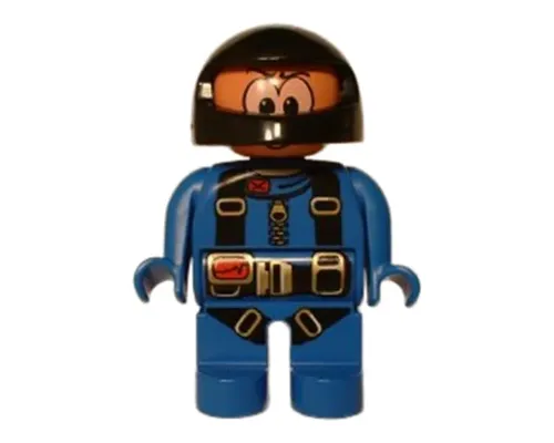 Duplo Figure, Male Action Wheeler, Blue Legs, Blue Jumpsuit with Parachute Straps, Black Racing Helmet Image