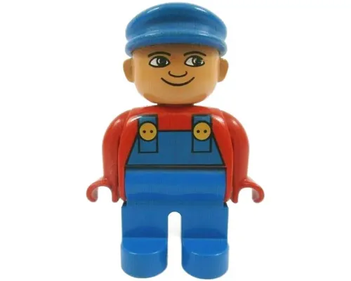 Duplo Figure, Male, Blue Legs, Red Top with Blue Overalls, Blue Cap, Turned Up Nose Image