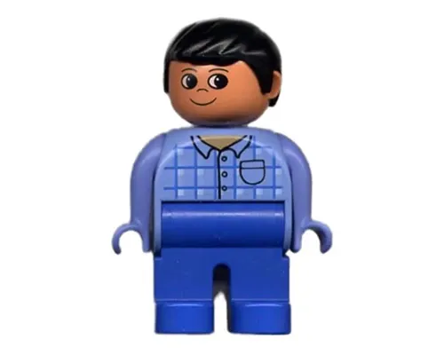 Duplo Figure, Male, Blue Legs, Blue Top Plaid with Pocket, Black Hair Image