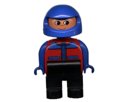 Duplo Figure, Male, Black Legs, Red and Blue Zippered Jacket, Blue Racing Helmet Image