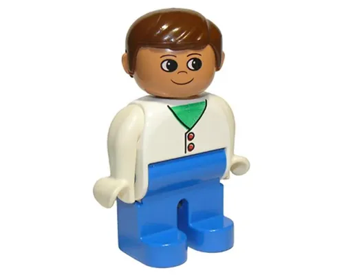 Duplo Figure, Male, Blue Legs, White Two Button Cardigan, Brown Hair (75466) Image