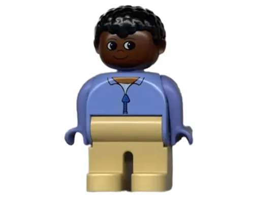 Duplo Figure, Male, Tan Legs, Blue Zippered Jacket, Black Curly Hair, Brown Head Image