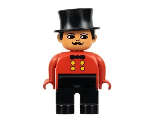 Duplo Figure, Male, Black Legs, Red Top, Top Hat (Circus Ringmaster) Image