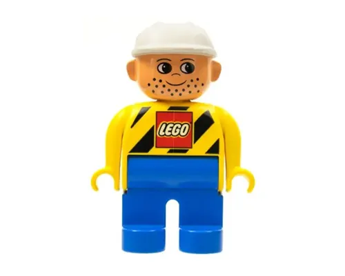 Duplo Figure, Male, Blue Legs, Yellow Top with Black Stripes and Lego Logo, Construction Hat White Image