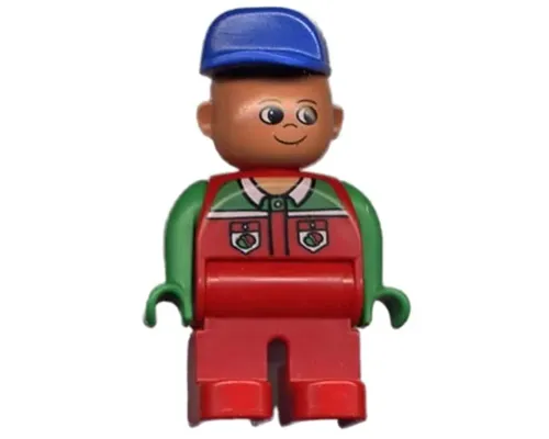 Duplo Figure, Male, Red Legs, Red Top with Octan Logo, Crooked Blue Hat Image