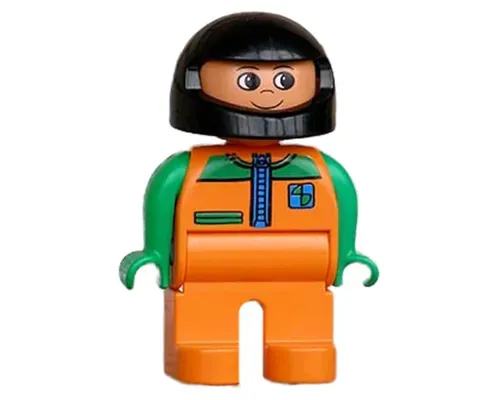 Duplo Figure, Male, Orange Legs, Orange Top with Racer Zipper, Green Arms, Black Helmet Image